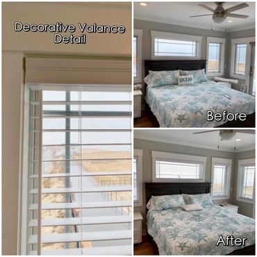 Before, after, and detail of 2" composite blind and decorative valance in Ortley Beach, NJ bedroom.