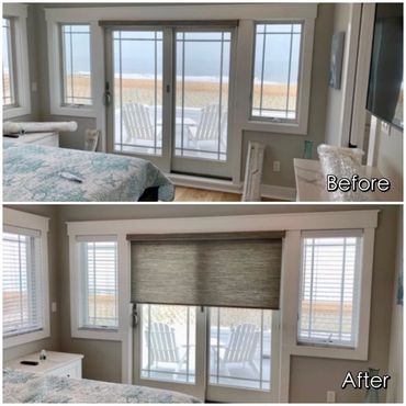 Composite blinds, and motorized roller shades on a sliding glass door in Ortley Beach, NJ.