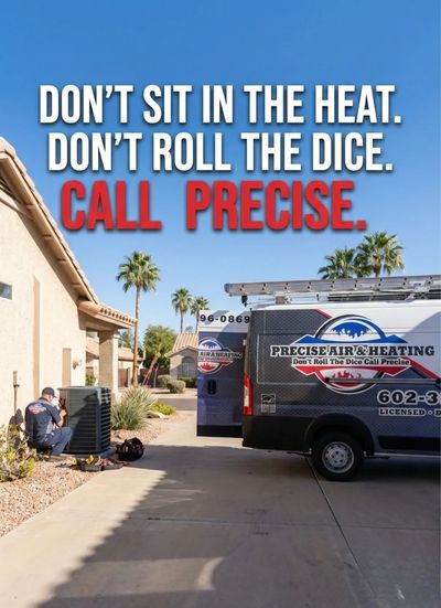 Precise Air & Heating technician servicing an air conditioner next to a branded company van.