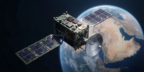 Satellite orbiting Earth with solar panels.