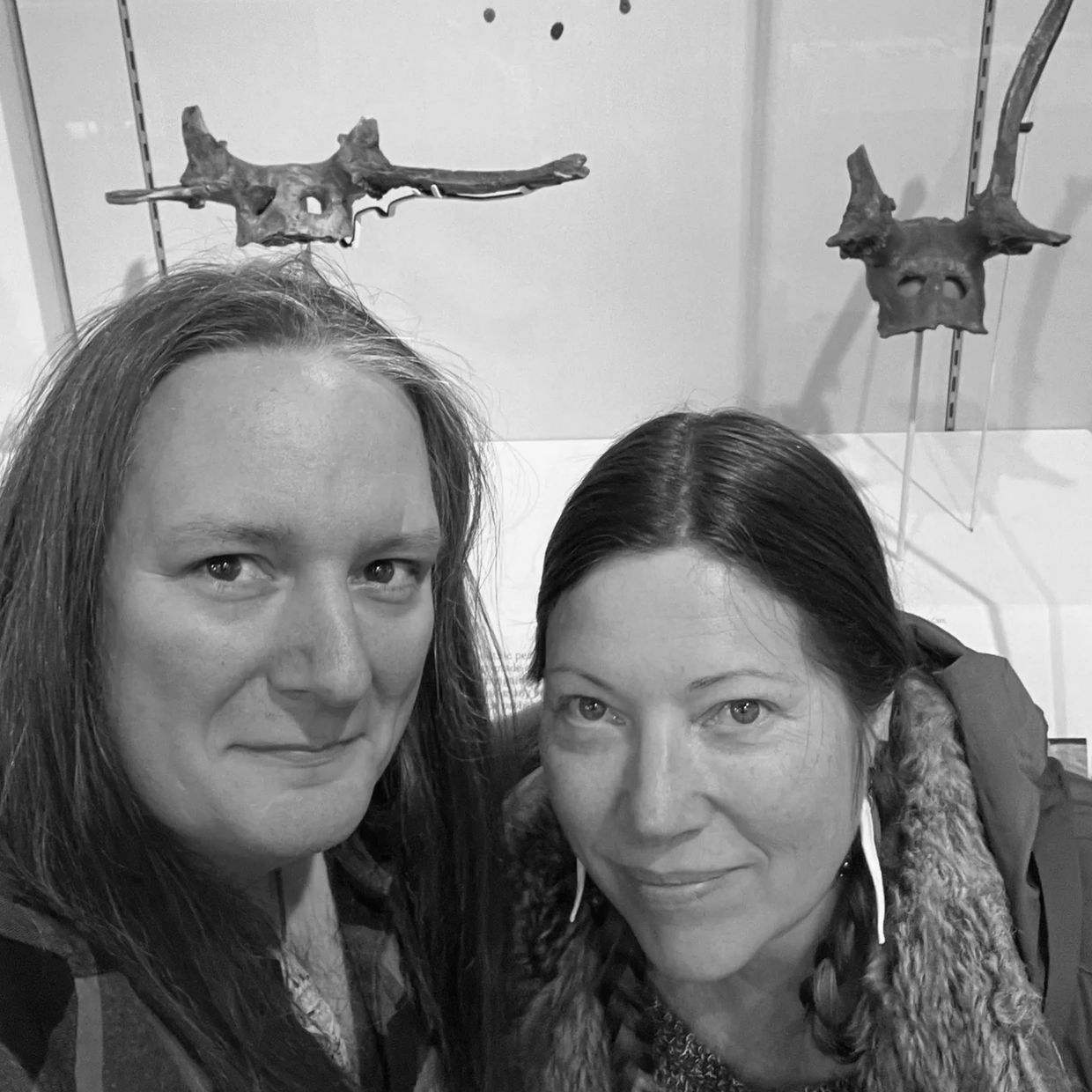 The owners with two Star Carr masks at the Museum of Archaeology and Anthropology in Cambridge,