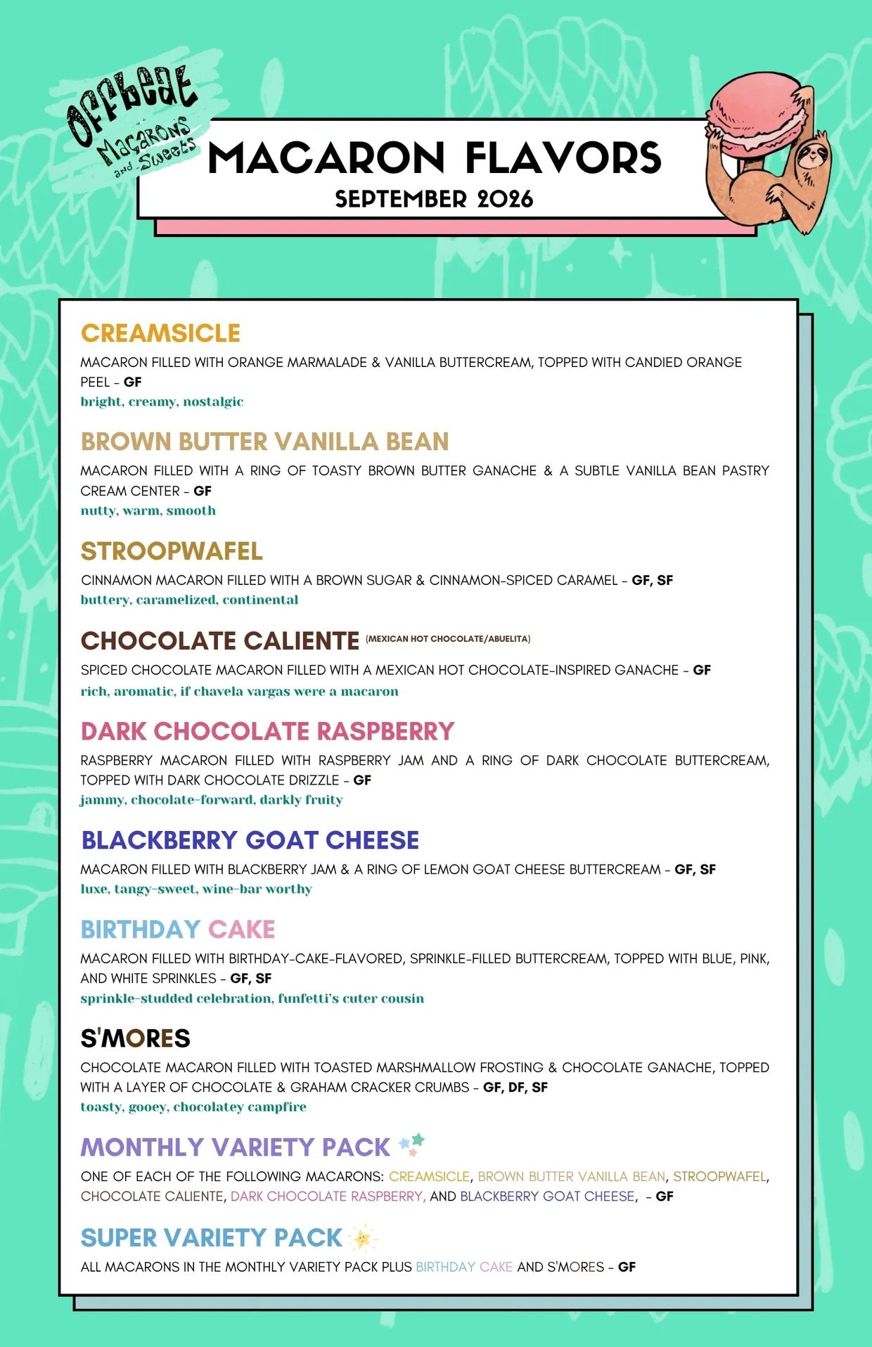 September 2026 macaron flavor menu from Offbeat Macarons & Sweets in Chicago