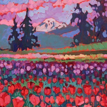 “bold expressive landscape with tulip fields and glowing sky in vivid colors”