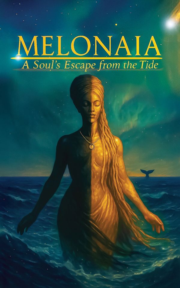 Surreal artwork of a half-shadow, half-golden woman emerging from the ocean under a starry sky.