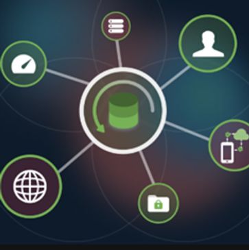Central database connected to various digital and cloud services icons.