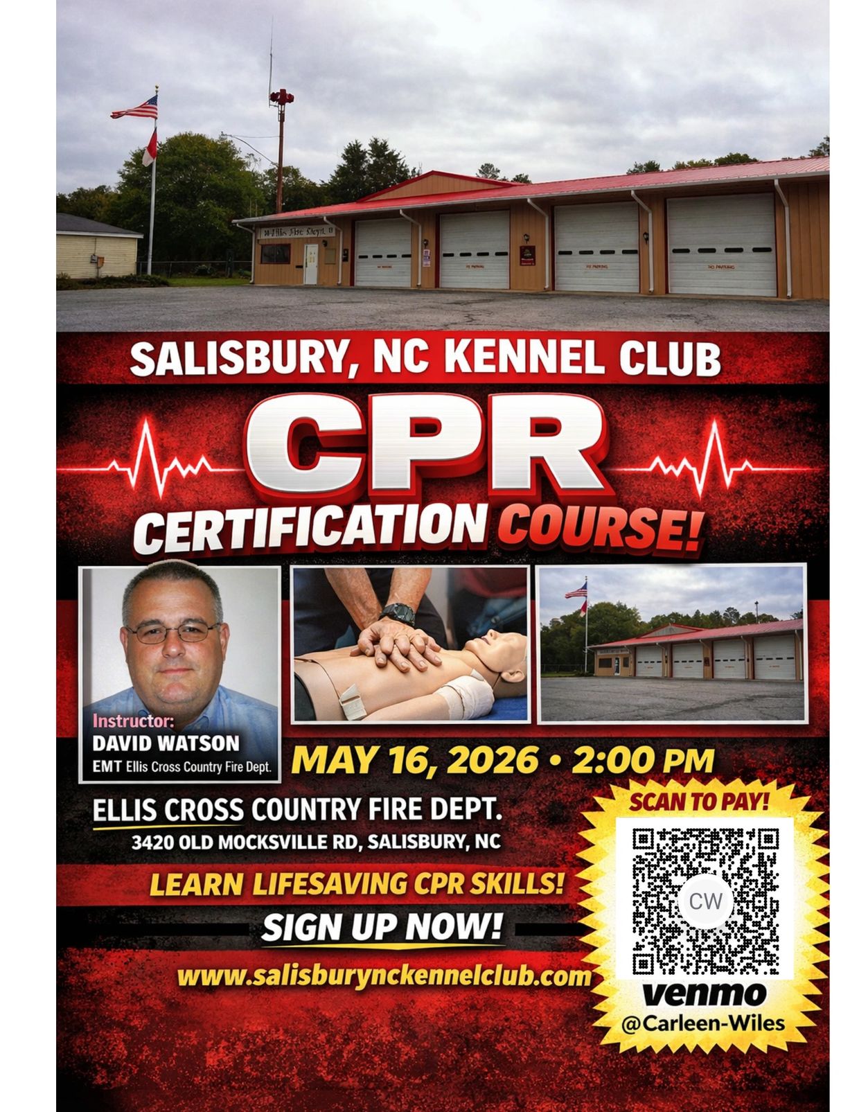 Salisbury, NC Kennel Club CPR certification course on May 16, 2026 at Ellis Cross Country Fire Dept.