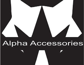 Minimalist wolf face logo with 'Alpha Accessories' text.