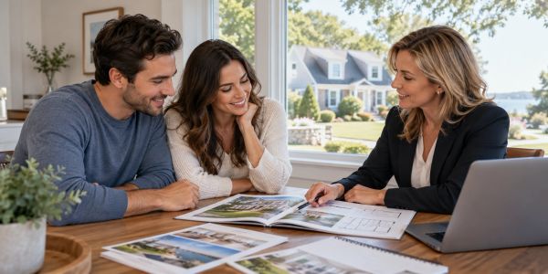 Homebuyers review plans with a real estate agent beside a window overlooking a suburban home.