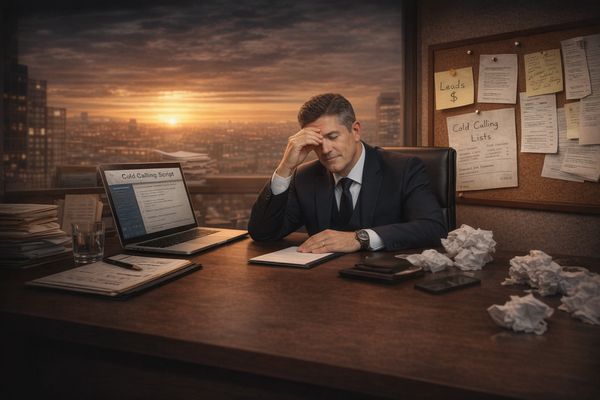 Stressed businessman at desk surrounded by crumpled papers, reviewing cold calling script at sunset.