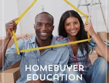 Happy couple holding a picture frame of a home with the title of home buyer education underneath