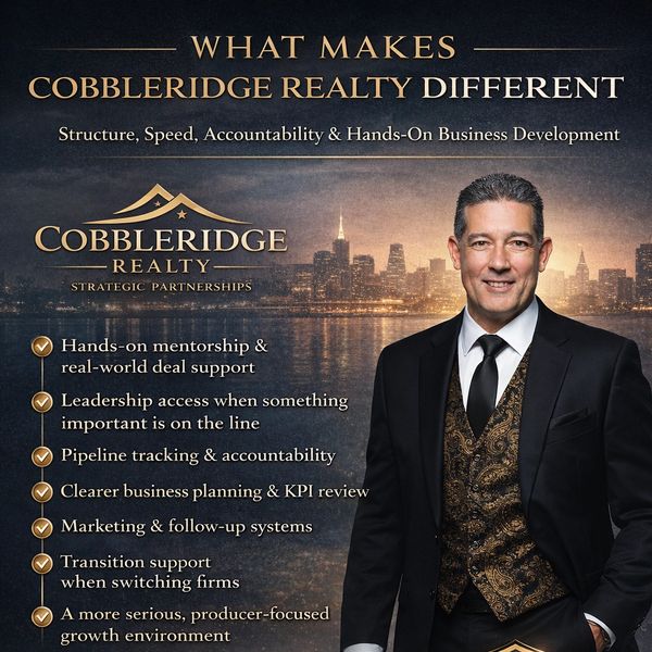 Cobbleridge Realty leadership graphic featuring Ray Pearson and benefits for Long Island agents and