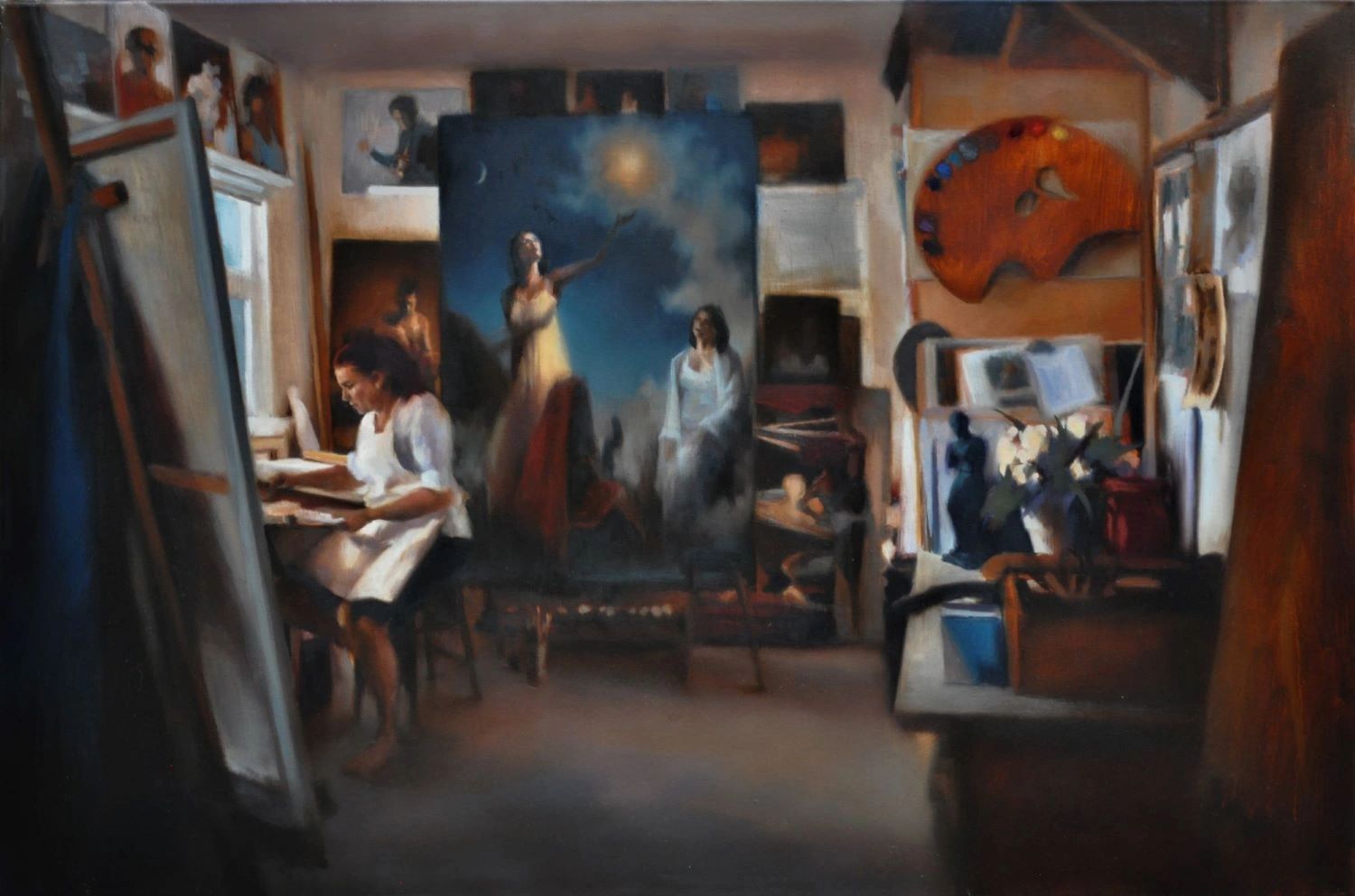 Artist in studio oil painting by master painter Lalita Hamill