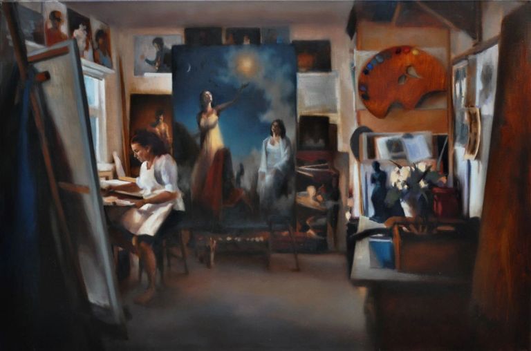 Artist in studio oil painting by master painter Lalita Hamill