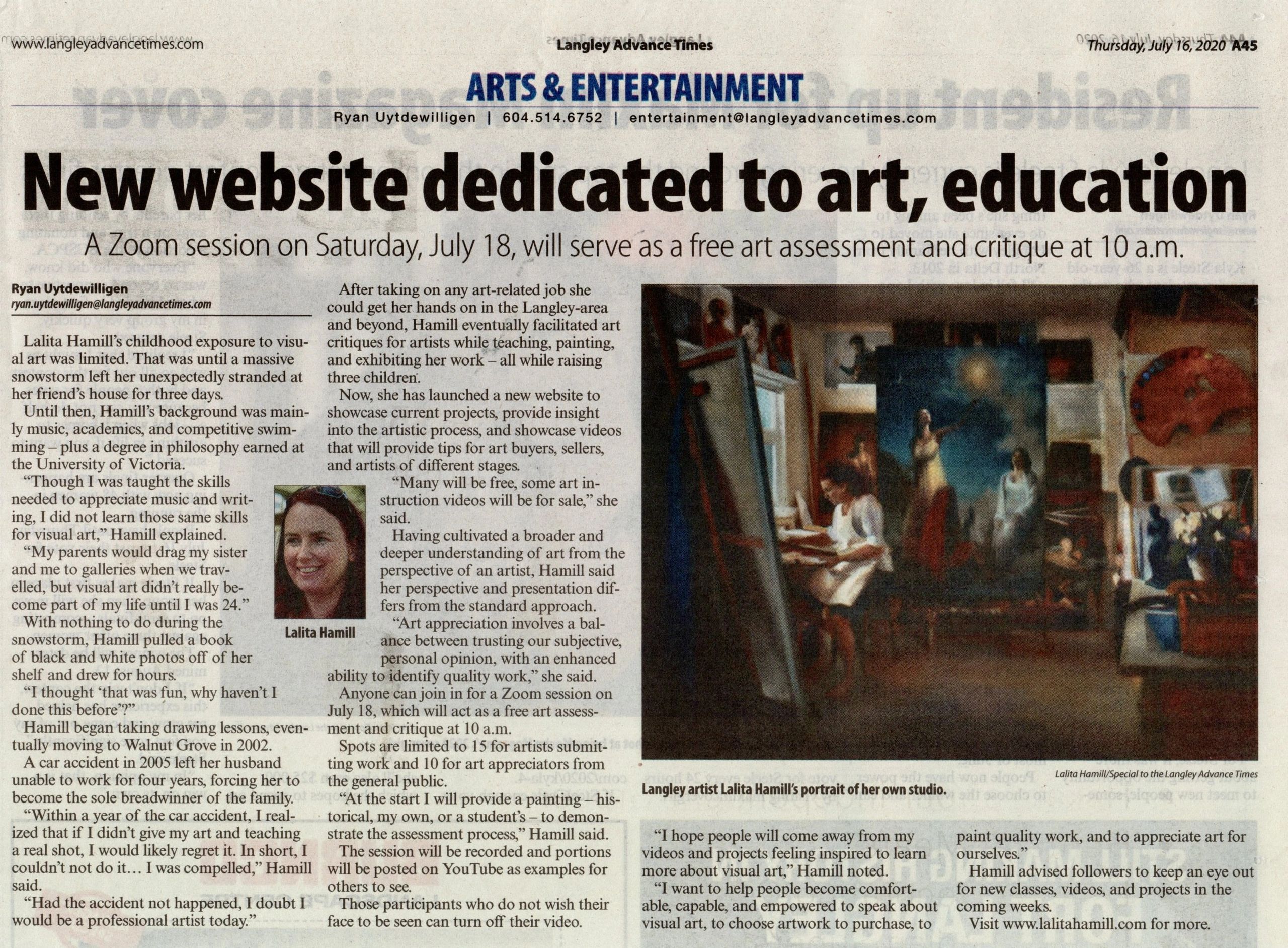 Lalita Hamill, master artist, featured in the Langley Advance Times July 2020