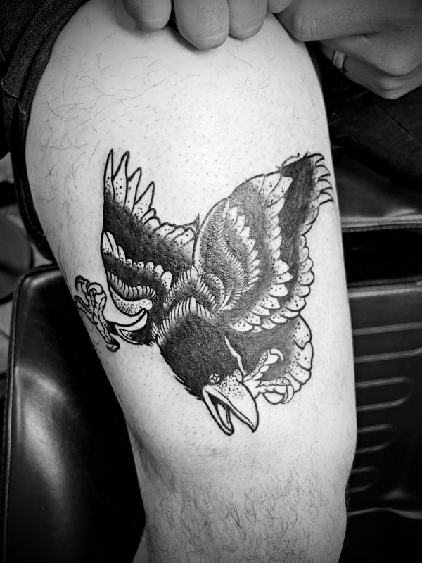 Traditional black & grey crow tattoo