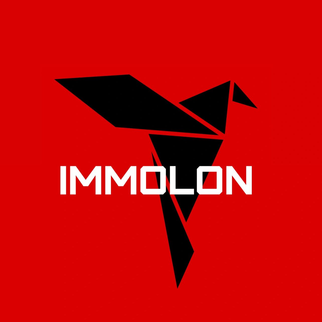 Black geometric bird and IMMOLON text on red background.