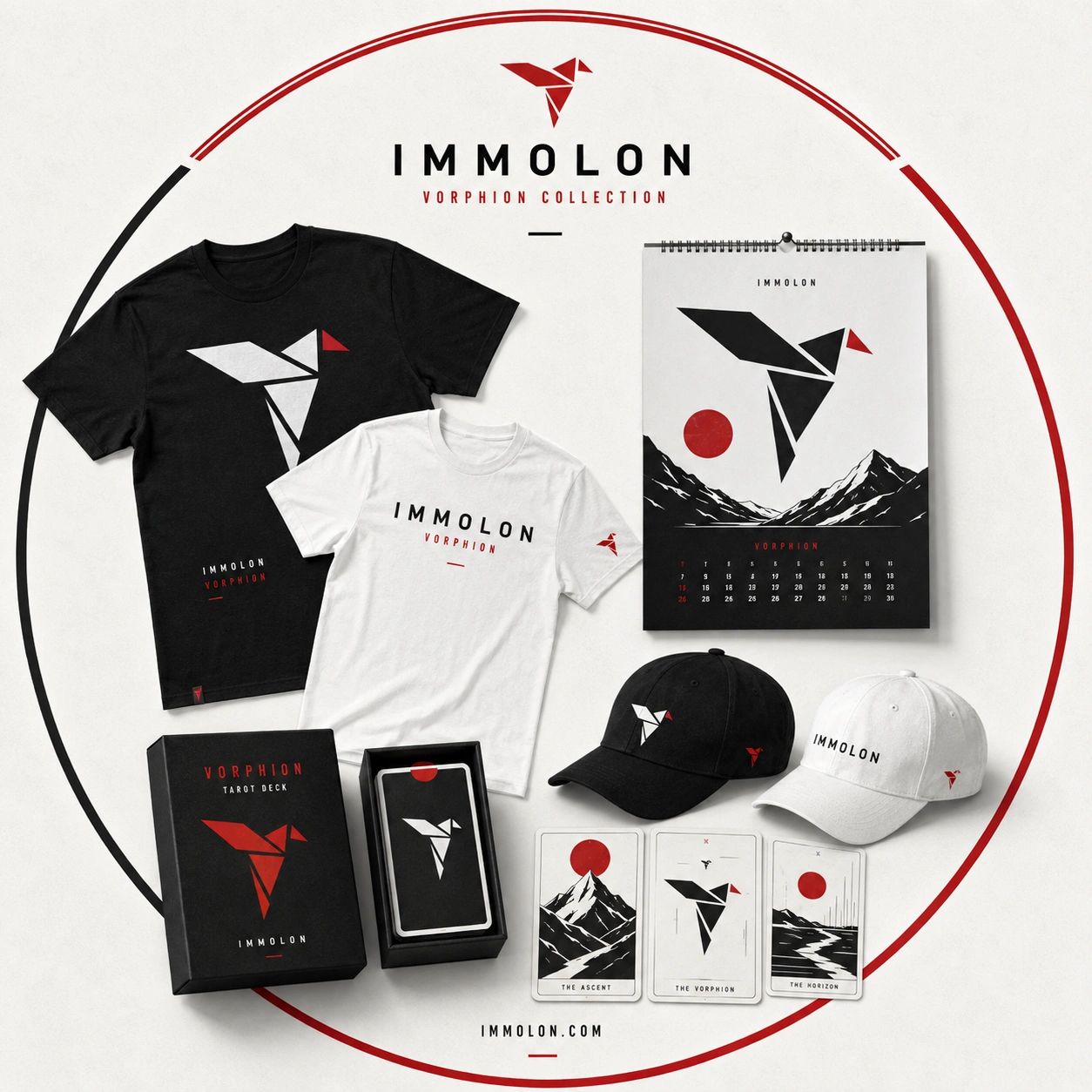 Immolon Vorphion Collection featuring apparel, calendar, tarot cards, and caps.