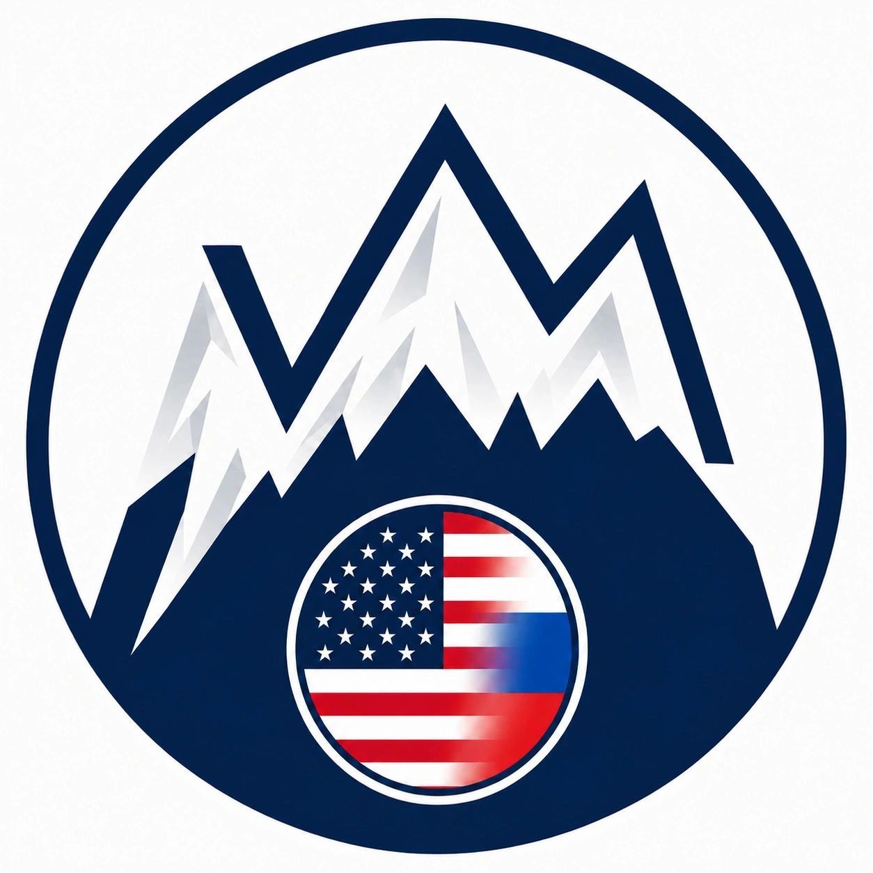Logo with mountain and blended US-Russia flags.
