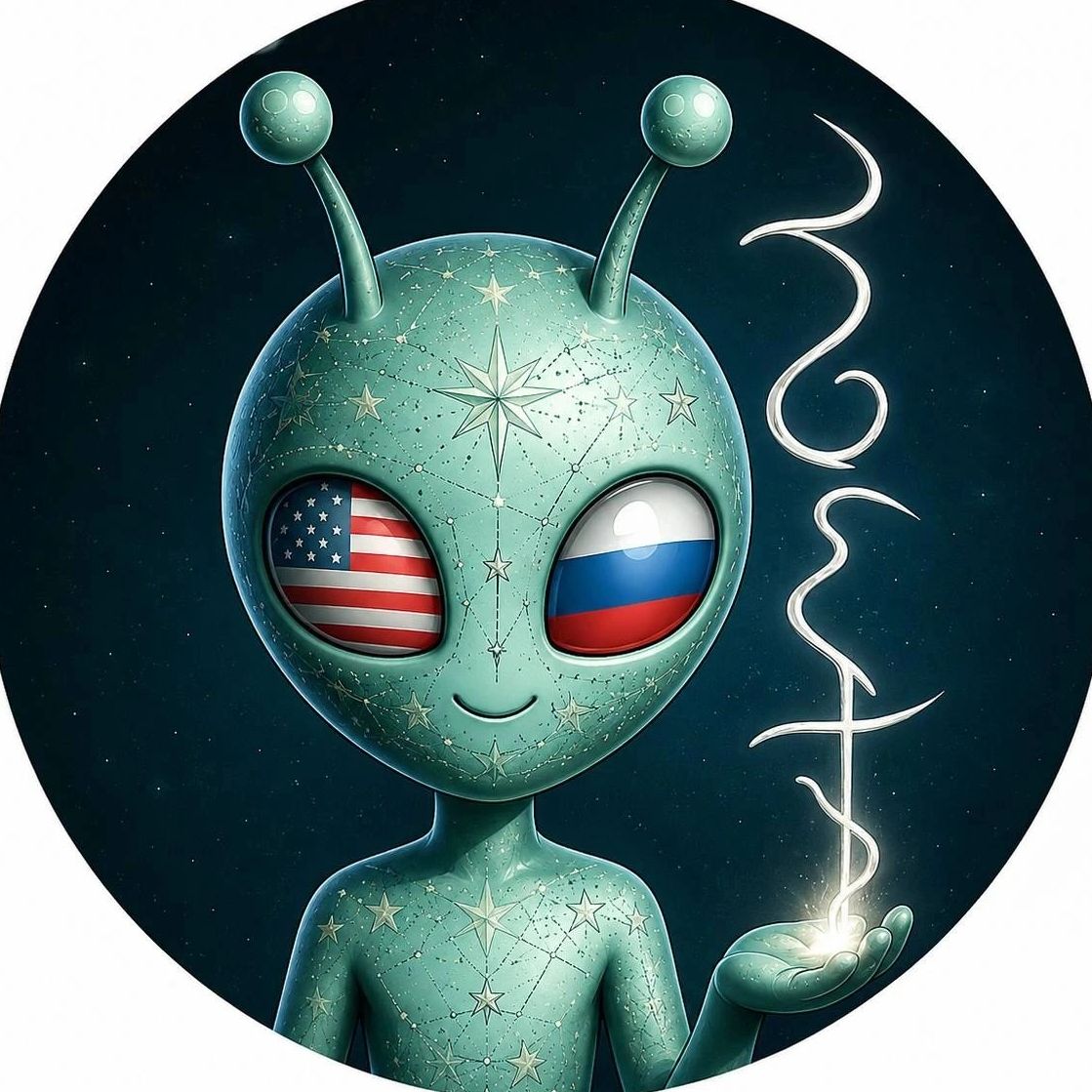 Alien with USA and Russia flags in eyes and glowing symbol.