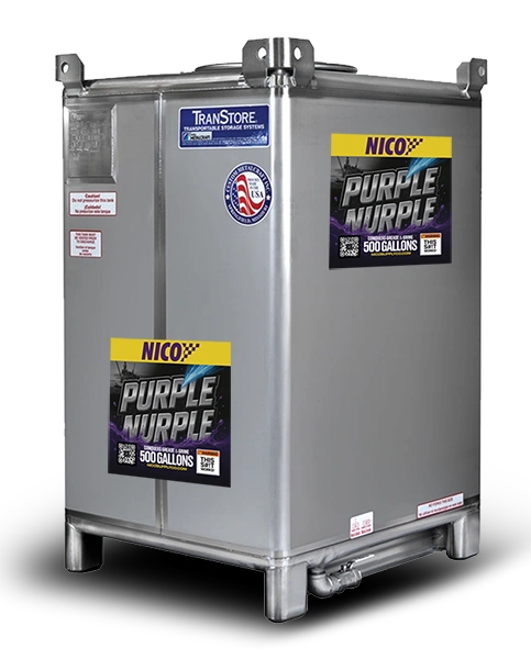 Large metal container labeled 'Purple Nurple' with 500 gallons capacity.
