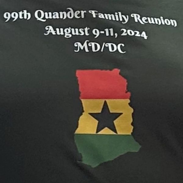 A close up of a reunion t-shirt graphic for the 99th Quander family reunion with Ghana on it