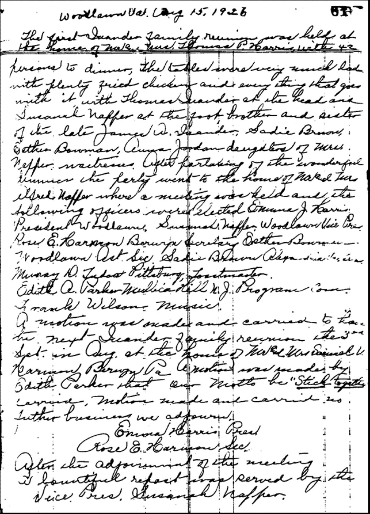 Handwritten notes from the first Quander family reunion in 1926