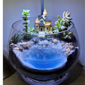 Succulent planter gift with house on a lake made of resin