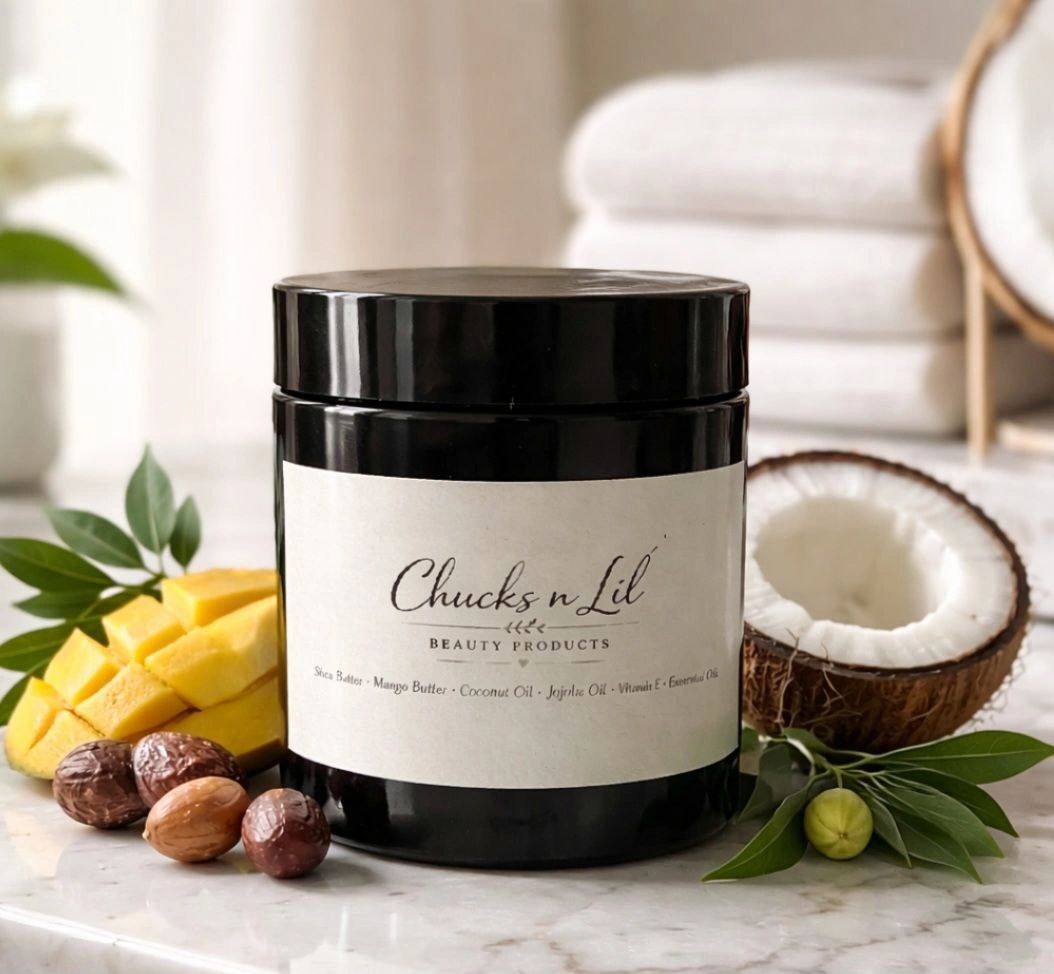 Black jar of Chucks n Lil' beauty product with natural ingredients around.