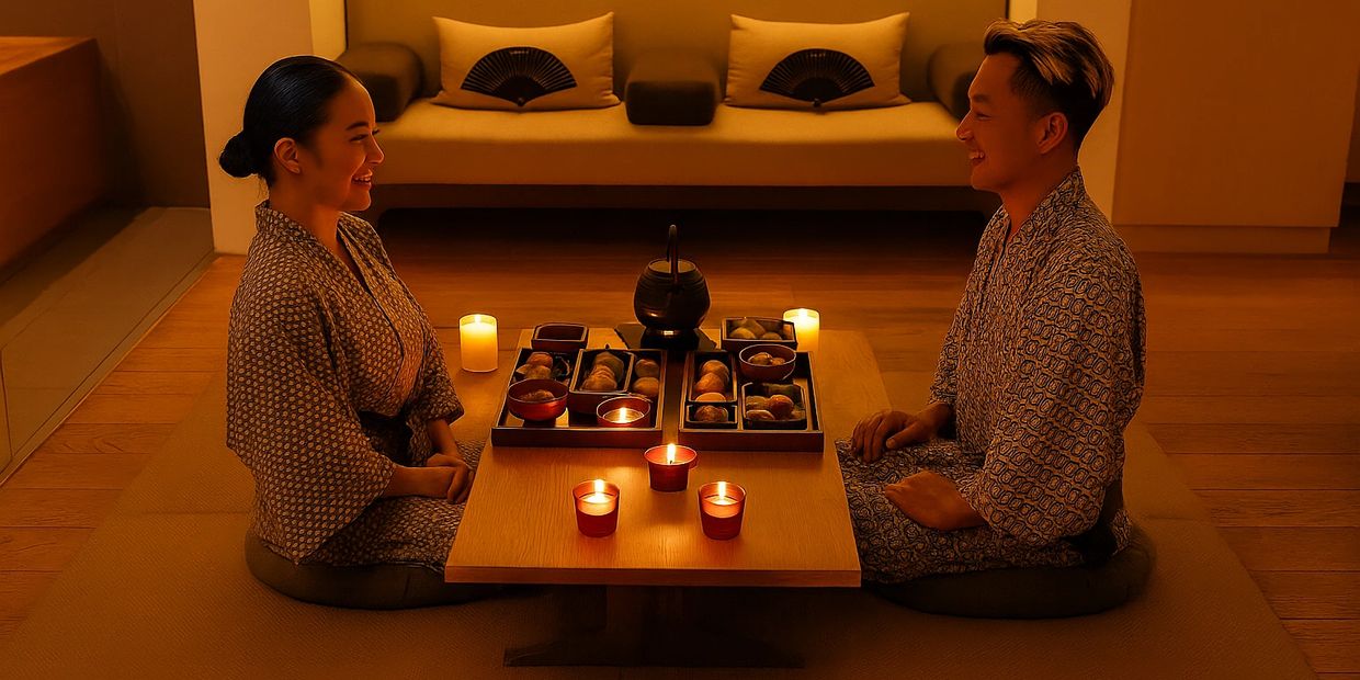 Couple in traditional robes enjoying a candlelit meal at a low table.