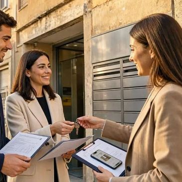 Tres personas realizan una entrega de llaves en un edificio.
