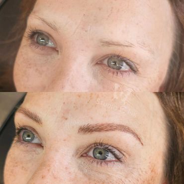 Before and after microblading, enhancing sparse eyebrows.