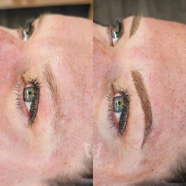 Before and after eyebrow microblading transformation on a woman's face.