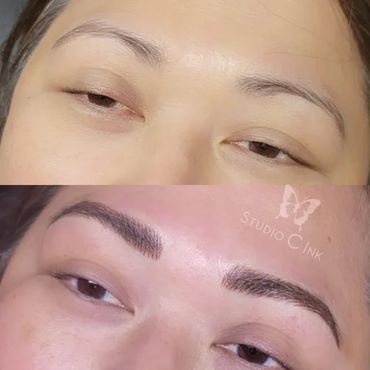 Before and after eyebrow microblading transformation showing fuller, defined brows.