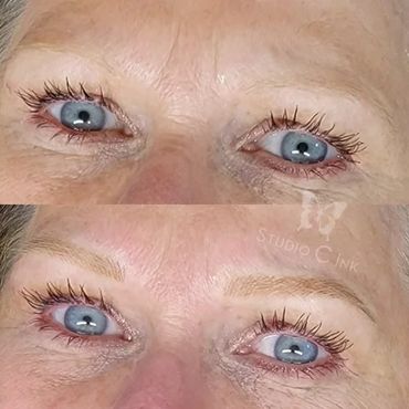 Before and after eyebrow enhancement on a woman's face with blue eyes.