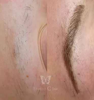 Before and after eyebrow microblading showing sparse vs full brows.