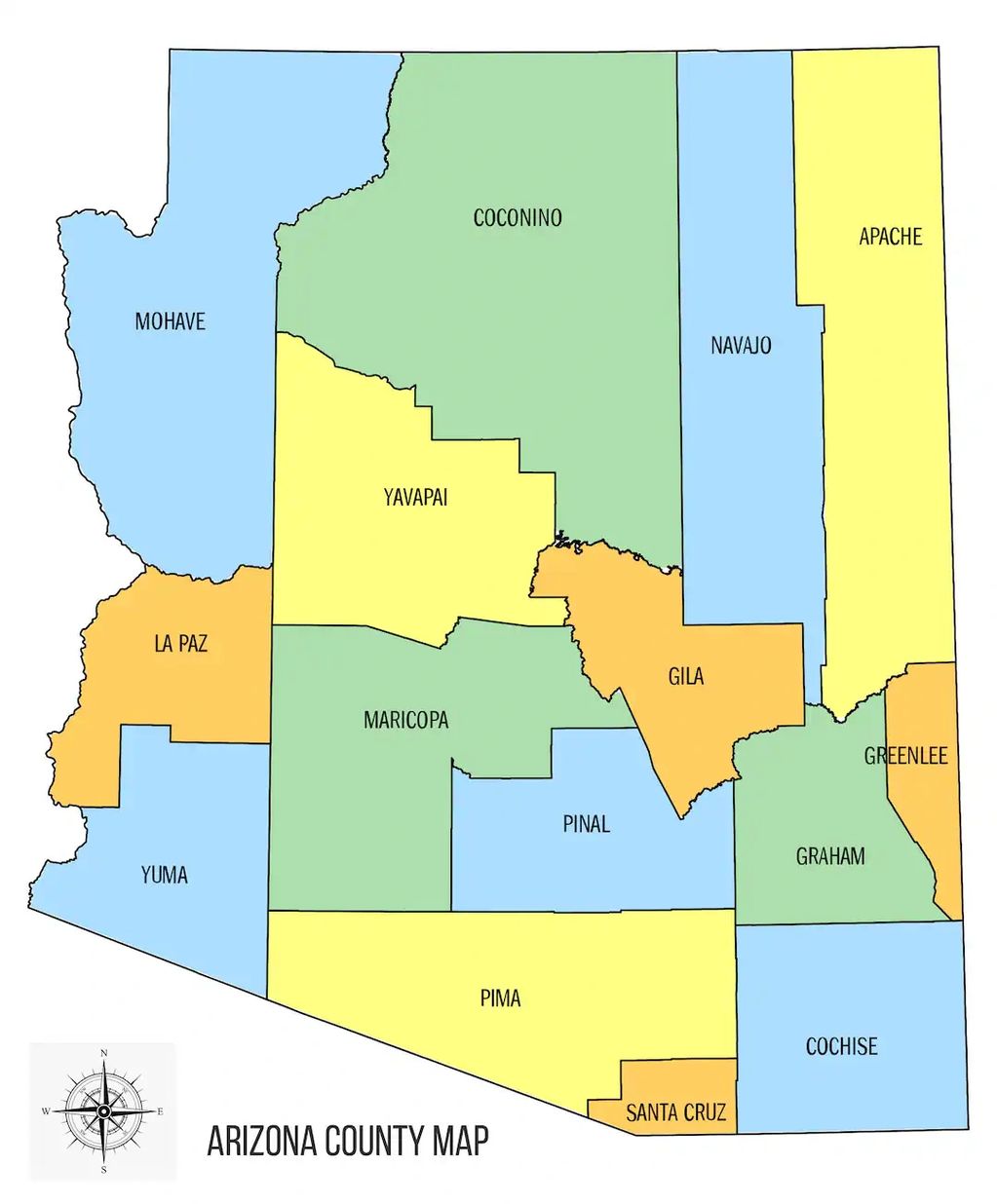 Color-coded map of Arizona counties with names labeled.