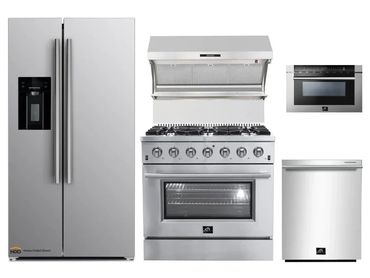 Set of modern stainless steel kitchen appliances including refrigerator, stove, oven hood, microwave, and dishwasher.