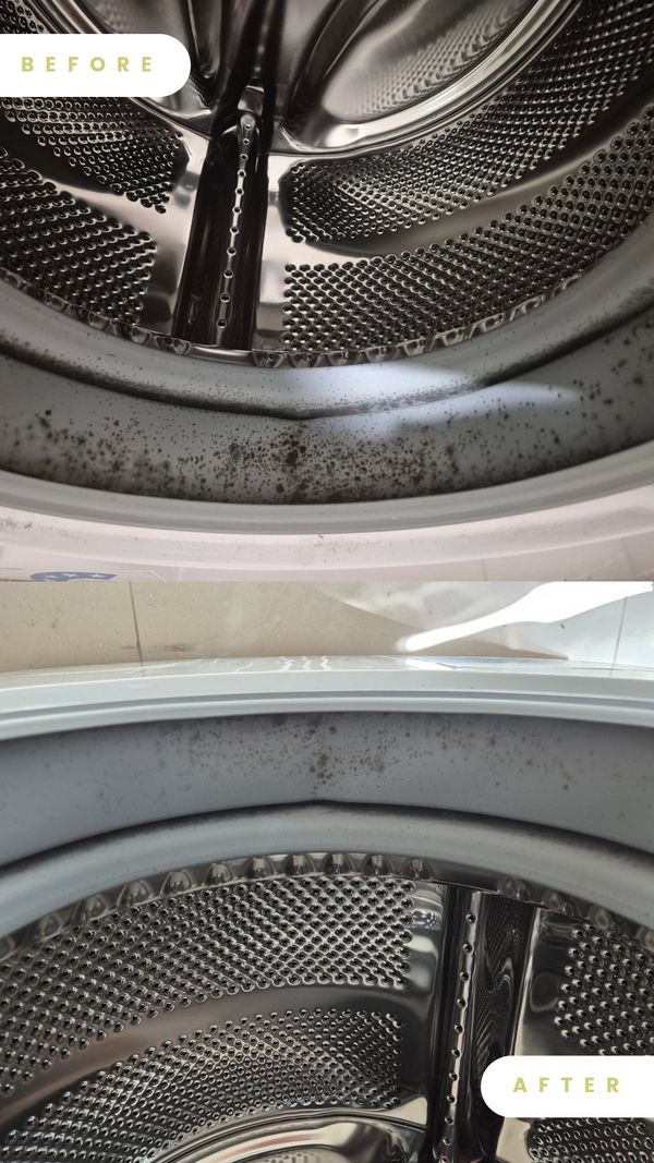 Before and after cleaning of a washing machine drum showing dirt removal.