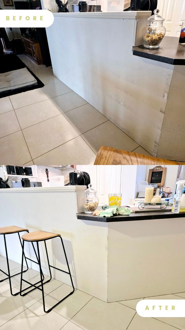 Transformation of a kitchen area highlighting improvements in design and cleanliness.