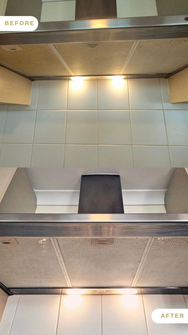 Before and after kitchen hood cleaning showing improved lighting and cleanliness.