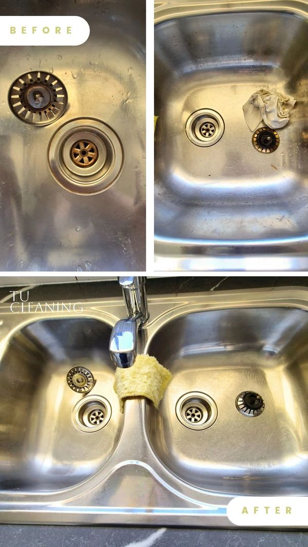 before and after cleaning a kitchen sink showing significant improvement