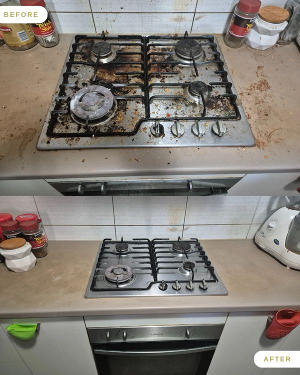 Before and after cleaning a gas stove and countertop, showing a dramatic transformation.