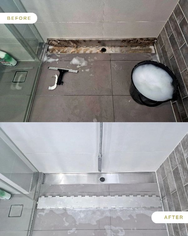 Before and after shower drain cleaning and tile restoration.