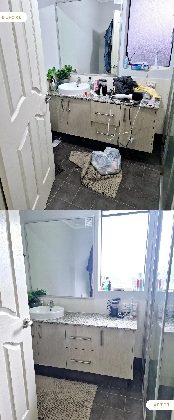 Transformation of a tiled shower floor showcasing cleanliness and organization.
