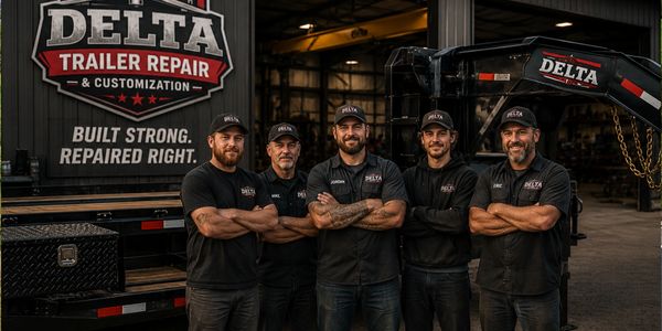 Five men in black uniforms standing in front of a Delta Trailer Repair truck.