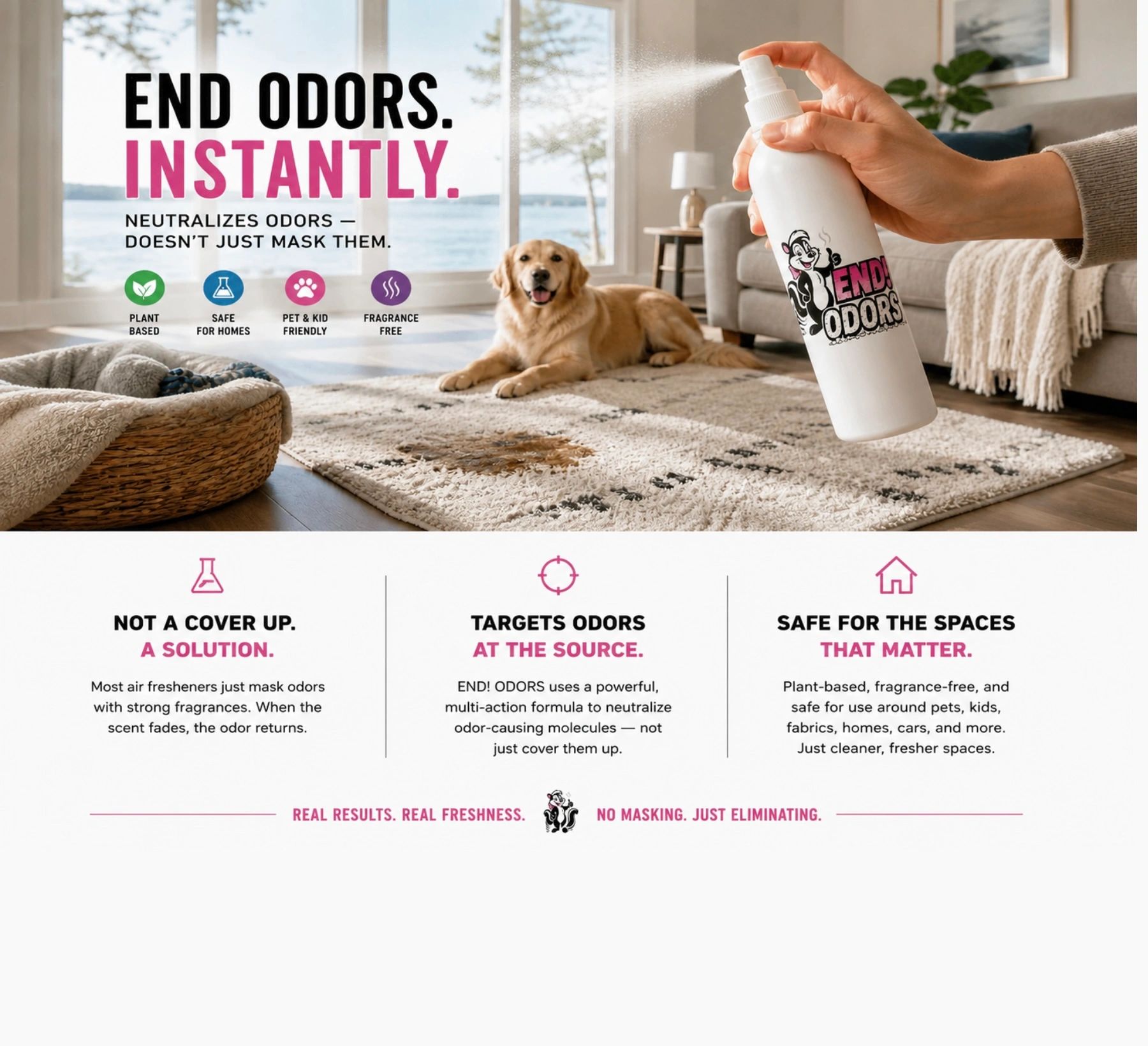 Person spraying End! Odors® unscented odor eliminator spray in a living room while daughters and a family dog enjoy a fresh, odor-free home.