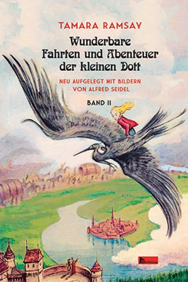 Child riding a giant bird over a fantasy village, book cover in German.