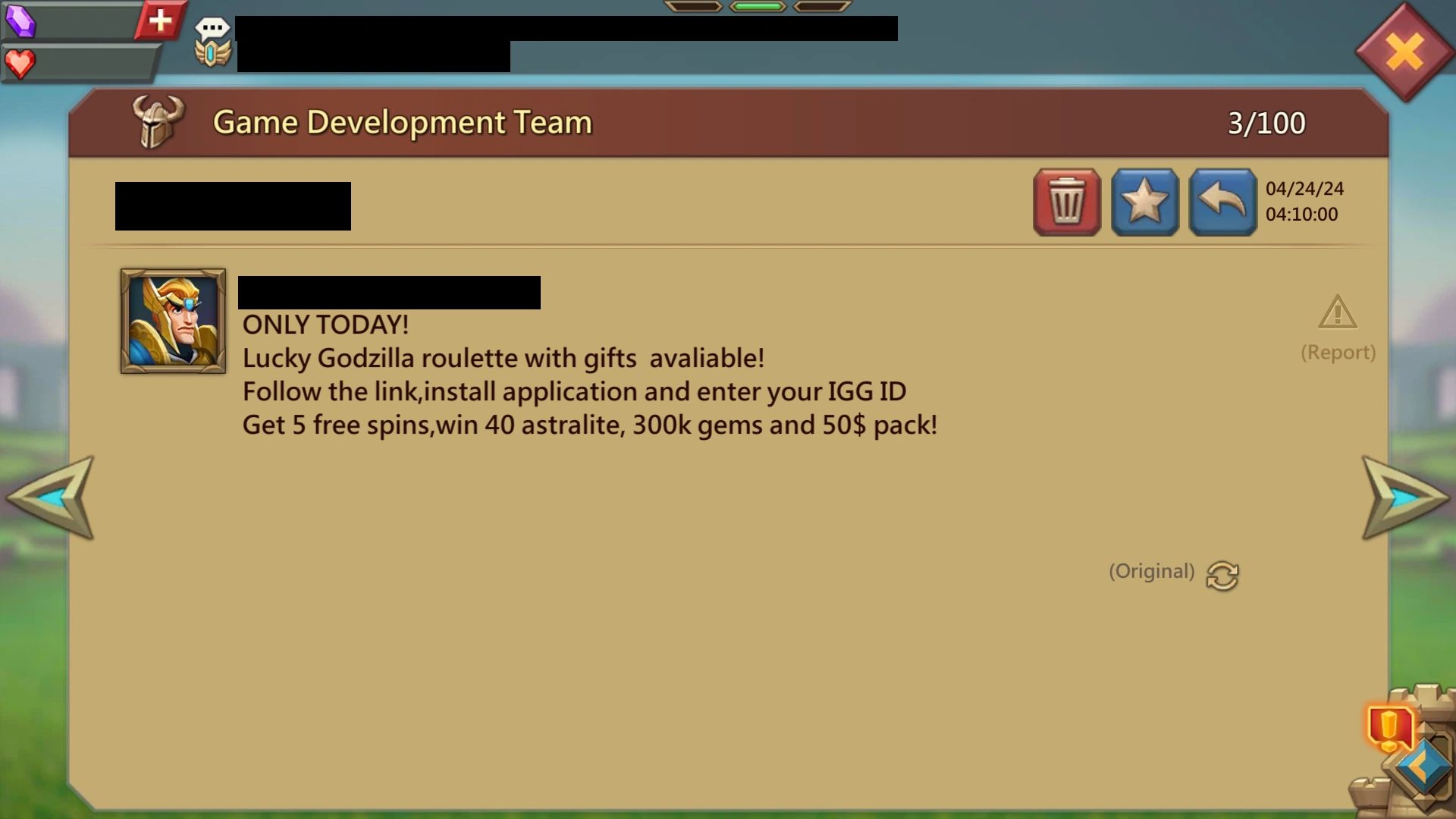 Latest scam as of 24/04/2024 via in-game mail during collab. Filtered out in Affinity Designer 2.