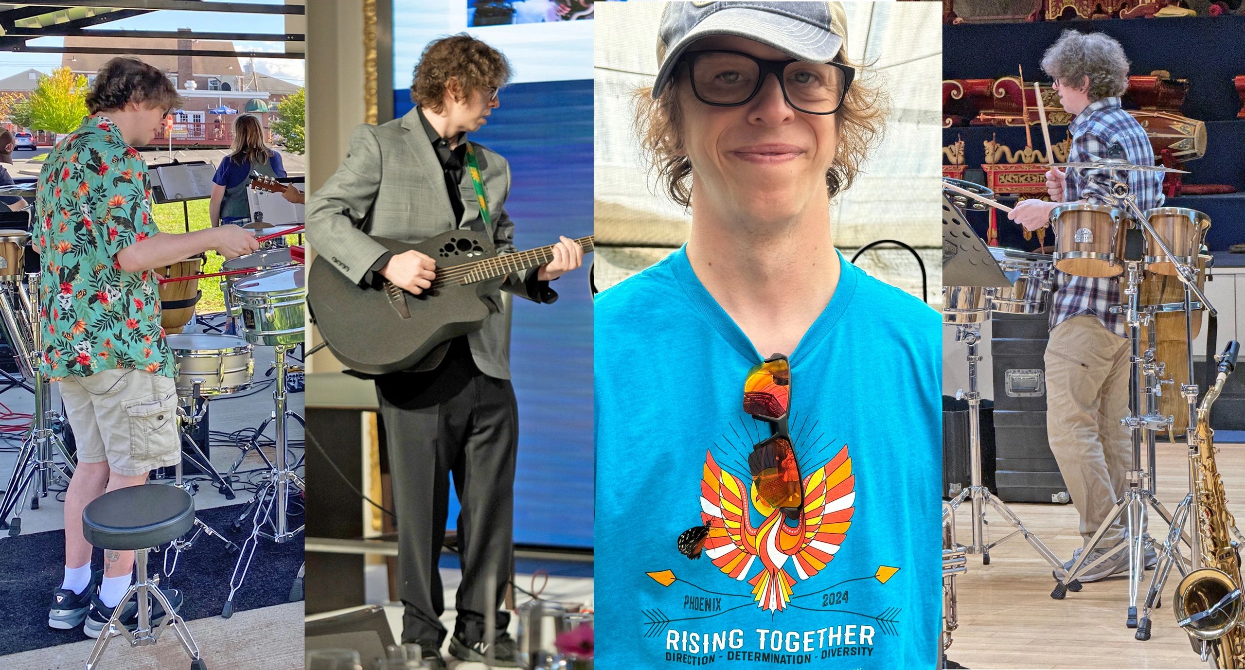 Collage of a young man playing drums and guitar, and wearing a blue T-shirt with sunglasses.