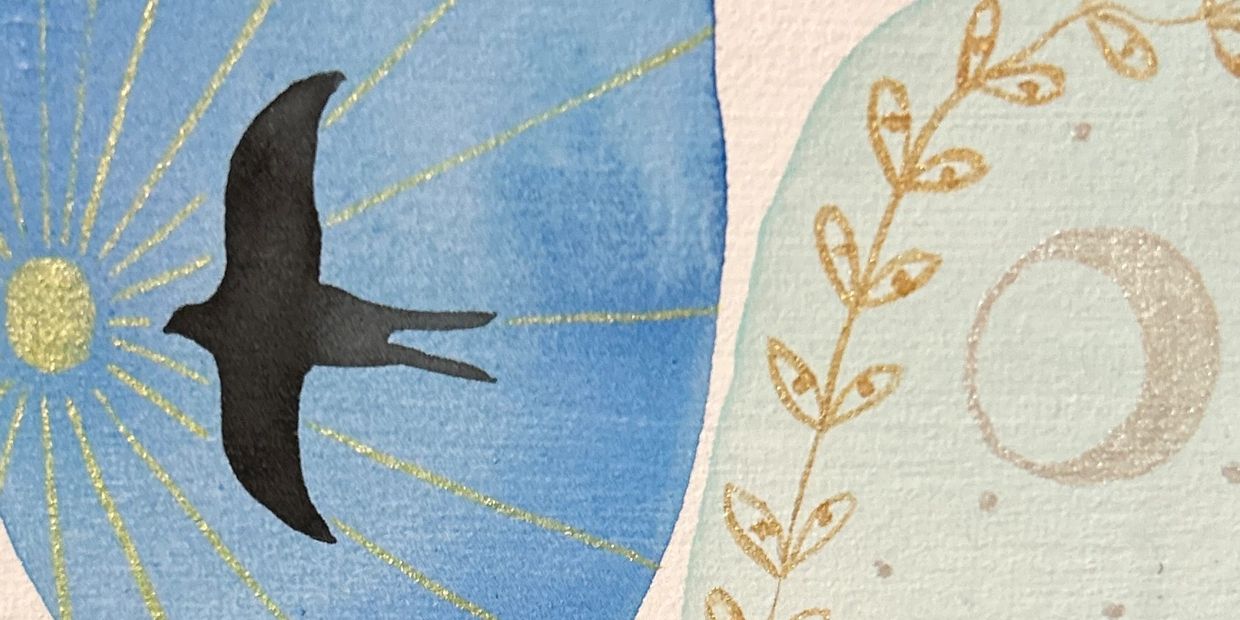 Artistic illustration of birds, sun, moon, and decorative patterns.